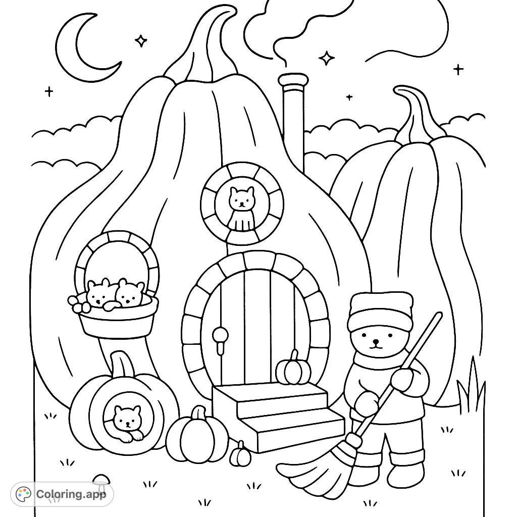 Explore a charming pumpkin house scene with a friendly bear sweeping, playful felines, and whimsical autumn details. Perfect for a cozy coloring adventure.