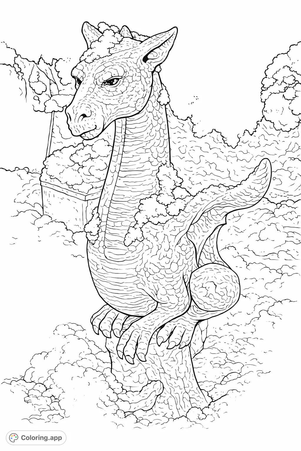 Discover a majestic stone dragon statue standing guard in a winter scene. Intricate textures and a snowy backdrop make for a captivating fantasy coloring adventure.