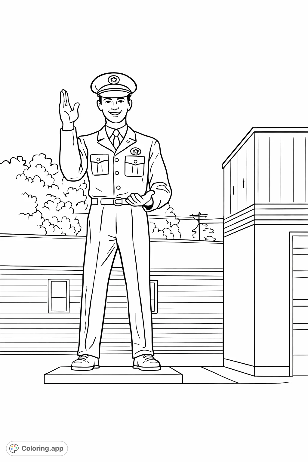 A towering uniformed figure with a welcoming wave, standing beside a classic roadside building. Perfect for a unique coloring experience.
