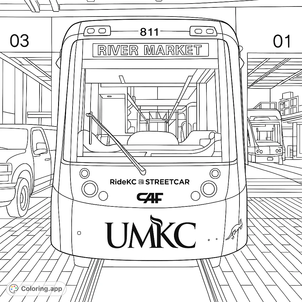 Explore a detailed streetcar in a bustling maintenance depot, complete with other vehicles and facility details. A captivating urban transport coloring page.