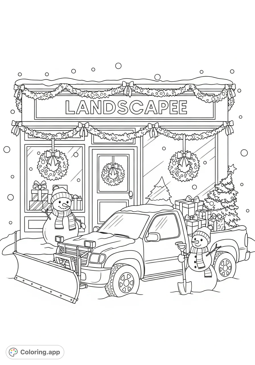 Get into the holiday spirit with this charming landscape business coloring page, featuring a decorated storefront, a snow-covered truck, and a friendly snowman.