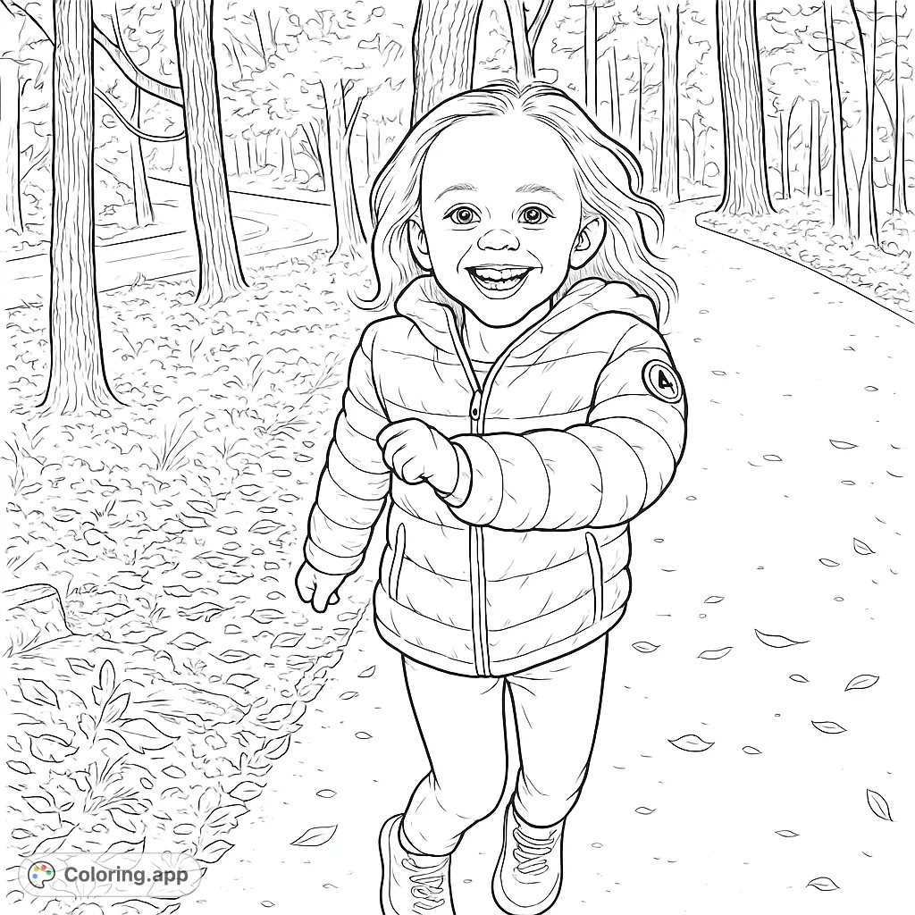 A cheerful child walks on a path surrounded by trees and fallen leaves. A delightful scene for young colorists to bring to life with imagination.