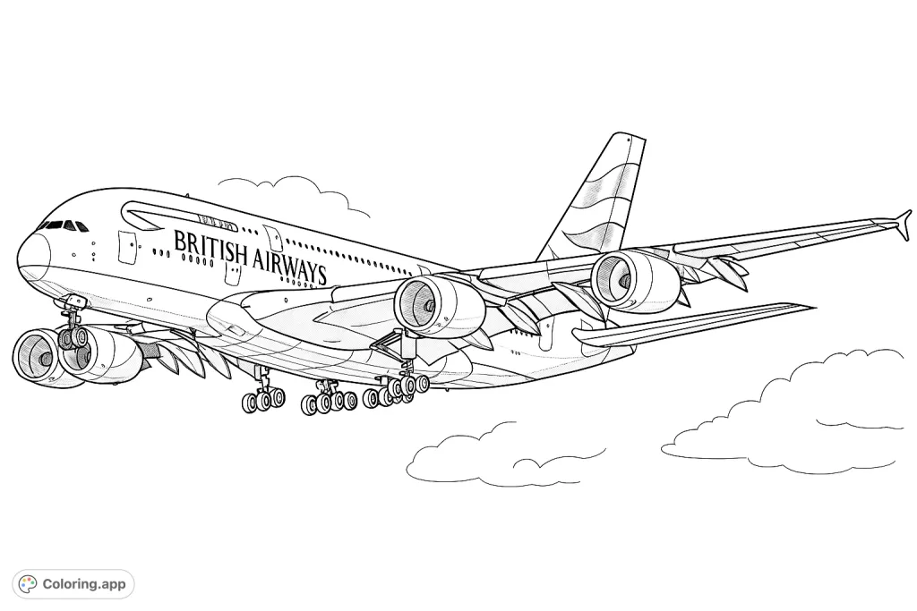 Color a detailed passenger jet in flight, featuring extended landing gear, powerful engines, and a distinctive tail fin against a clear sky with clouds.