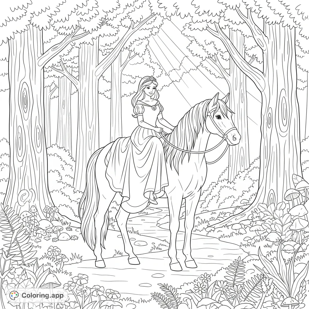 A graceful princess rides her majestic horse through an enchanting forest, surrounded by towering trees and delicate flora. A magical adventure awaits your colors!