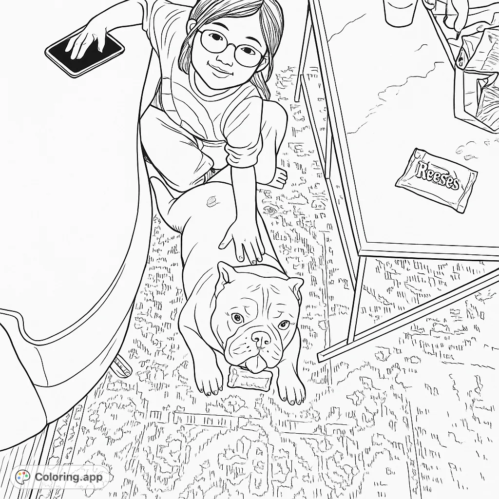 Capture a heartwarming scene of a child gently petting their bulldog companion on a patterned rug, with a coffee table nearby. A delightful pet coloring page.
