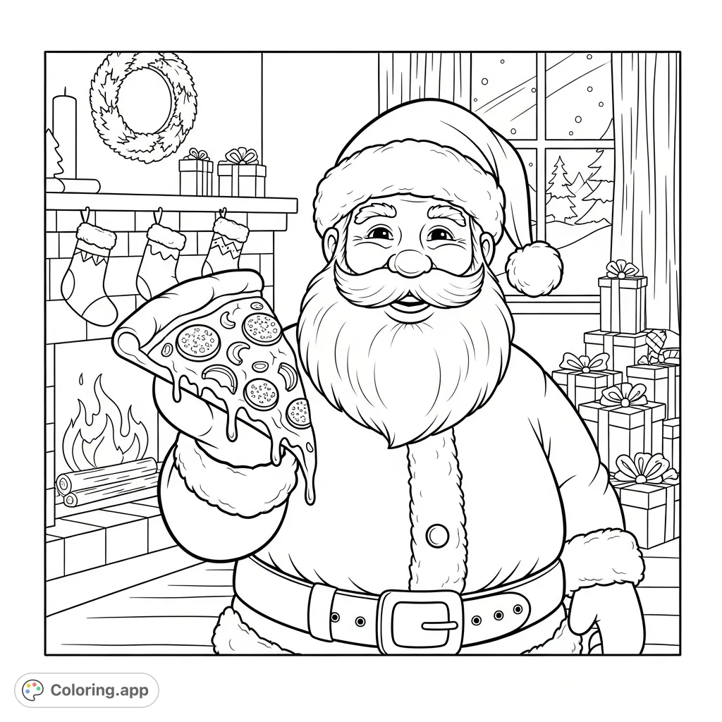 A whimsical Christmas coloring page featuring a jolly Santa Claus holding a delicious slice of pizza amidst a festive holiday setting.