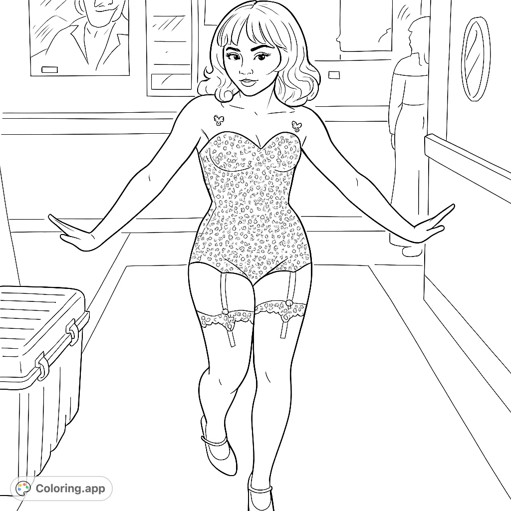 Step into the spotlight with this glamorous performer coloring page. Features a dazzling, textured bodysuit, intricate lace details, and a dynamic pose.