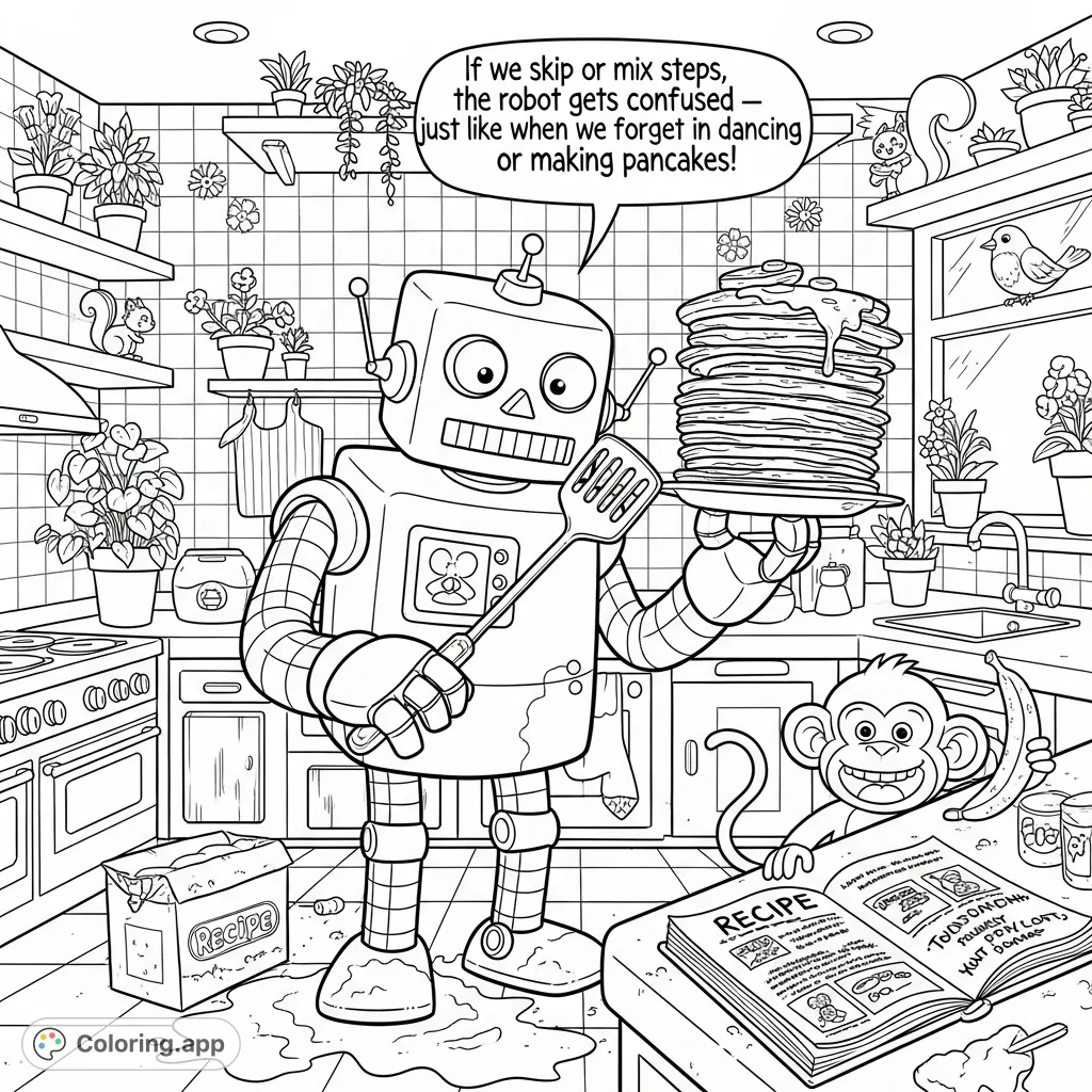 A bewildered robot struggles with pancakes in a chaotic kitchen, flour dusting the floor, while a mischievous monkey watches. A speech bubble adds a fun, relatable message.