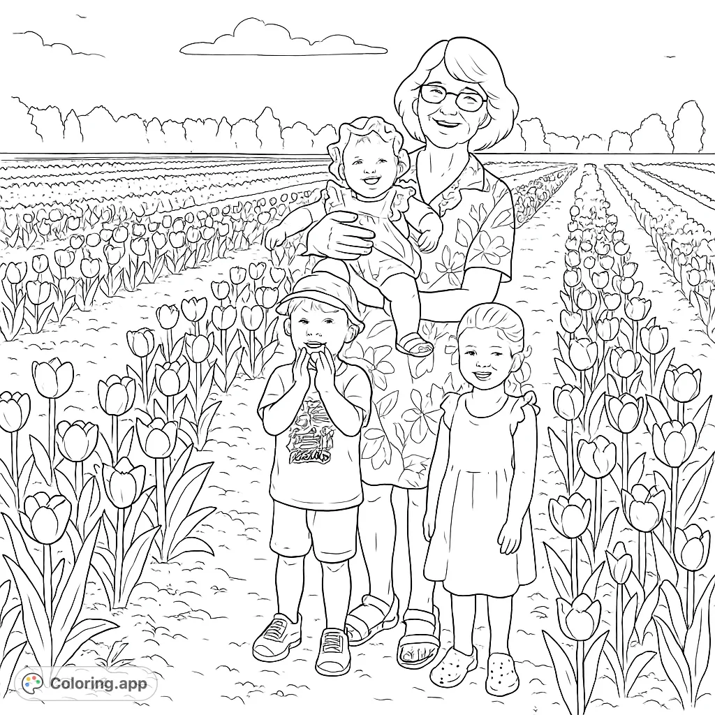 A heartwarming scene of a family, including a grandmother, baby, and two children, smiling amidst endless rows of beautiful blooming flowers. Perfect for all ages.