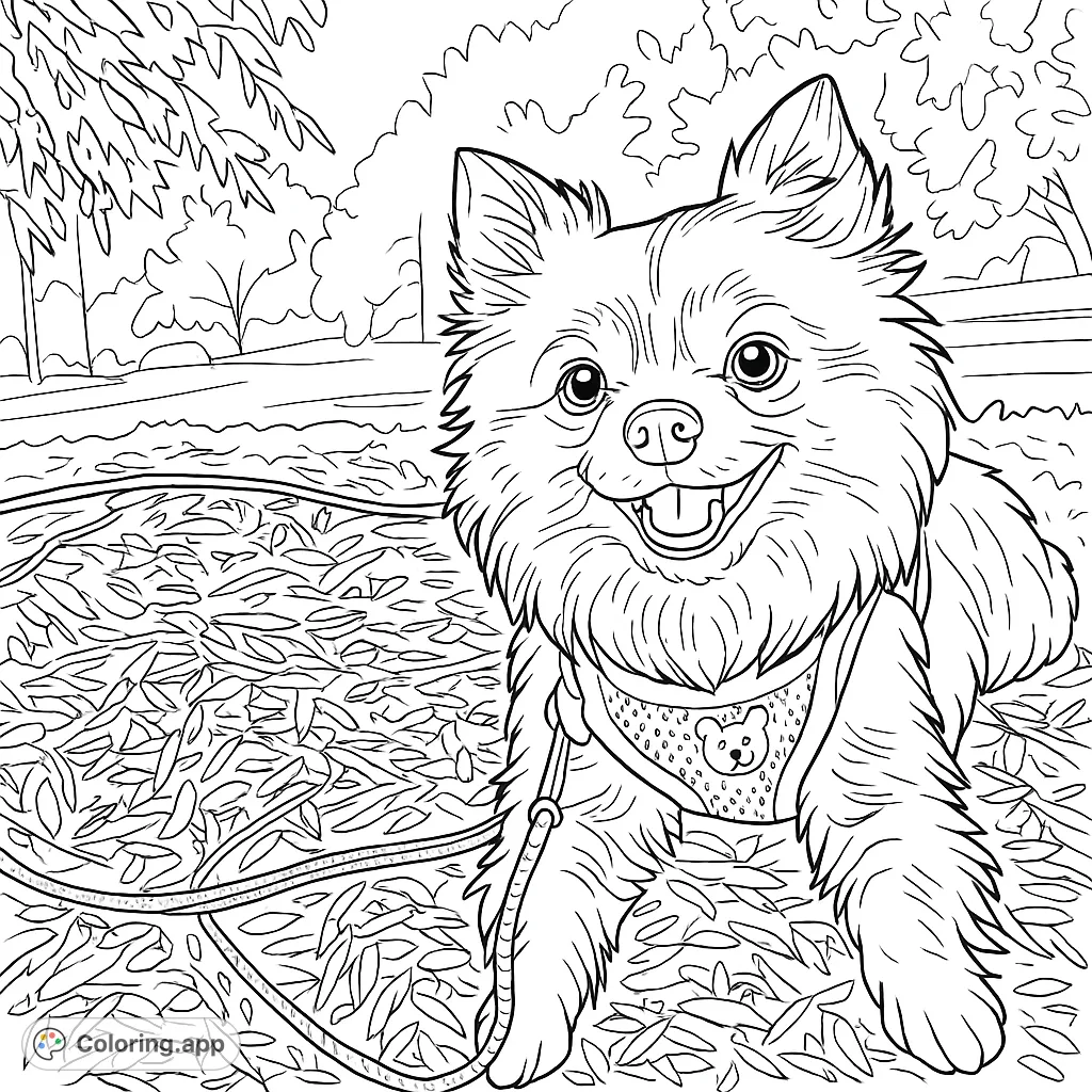 A delightful fluffy dog with a joyful expression, lying on a textured ground outdoors. Perfect for dog lovers of all ages to color and enjoy this charming scene.