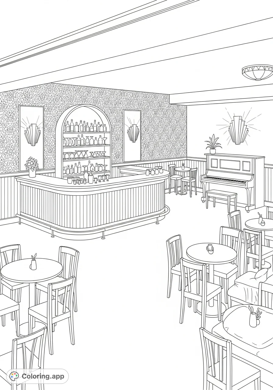 Step into a chic 1930s basement cocktail lounge with a curved bar, intricate wallpaper, and elegant Art Deco details, ready for your artistic touch.