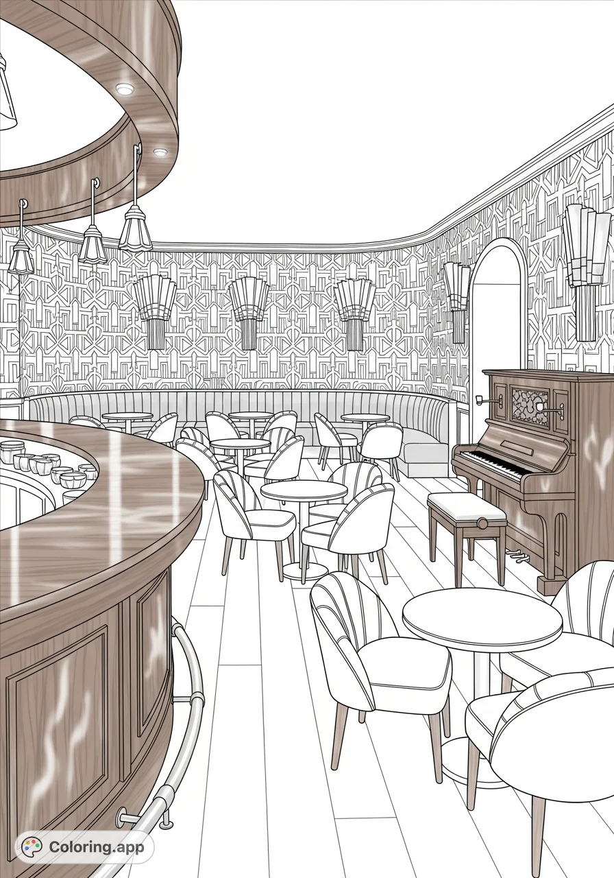 Step into a 1930s sophisticated basement lounge, featuring a polished wooden bar, geometric wallpaper, elegant art deco sconces, and plush velvet chairs.