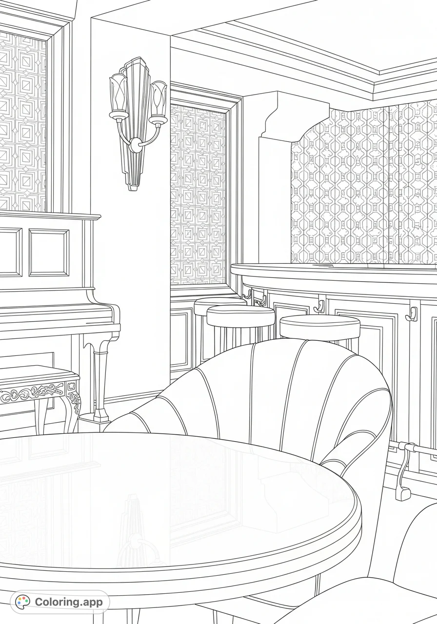 Step into a vintage 1930s art deco lounge. Features a round table, plush chair, geometric wallpaper, elegant sconce, and ornate piano for detailed coloring.