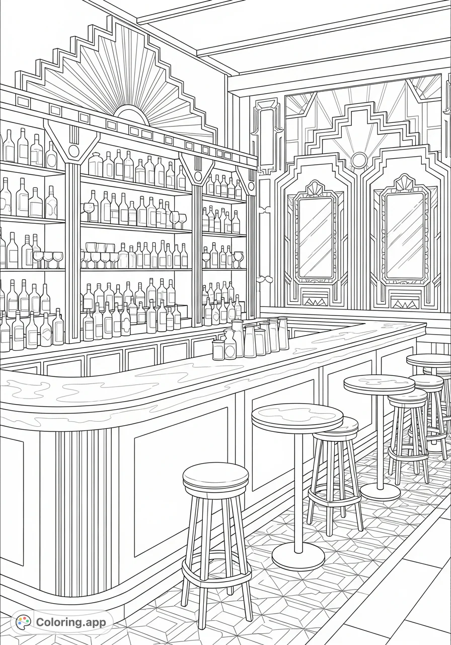 Step back in time to a 1920s Art Deco speakeasy bar, featuring intricate geometric patterns, ornate mirrors, and stylish liquor shelves for a sophisticated coloring experience.