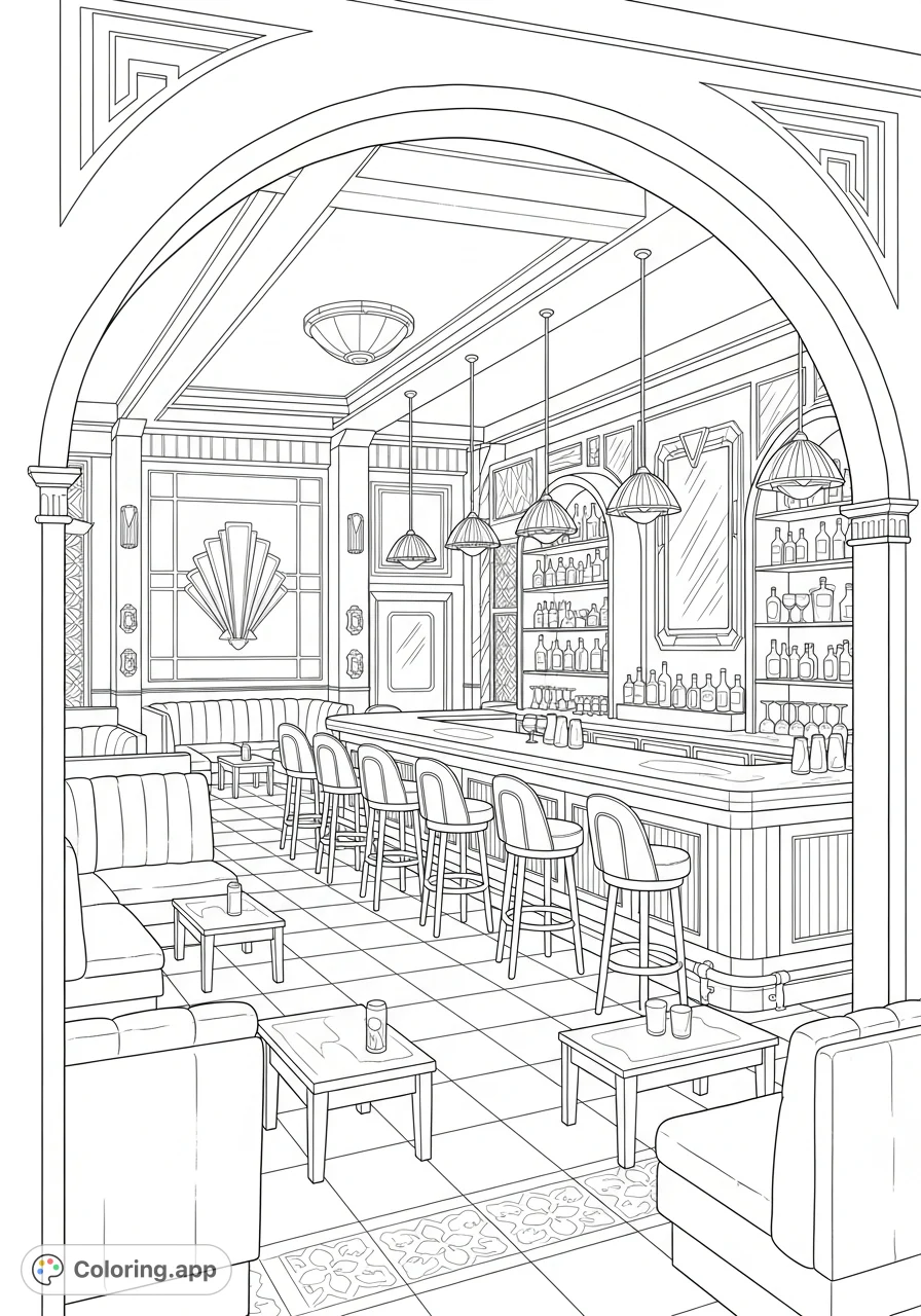 Step back in time to the Roaring Twenties with this Art Deco speakeasy bar coloring page. Intricate geometric patterns and classic furnishings await your creative touch.