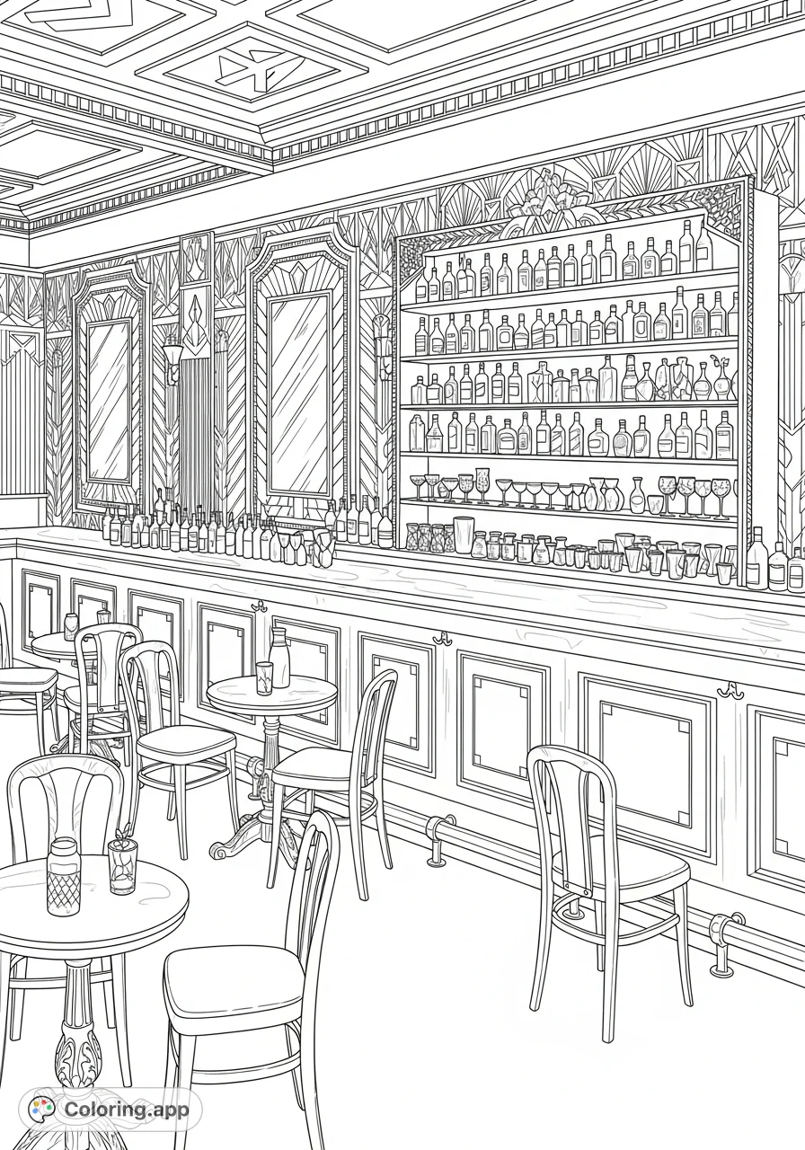 Step into the Jazz Age with this intricate Art Deco speakeasy coloring page. Featuring geometric patterns, ornate mirrors, and a detailed bar counter.