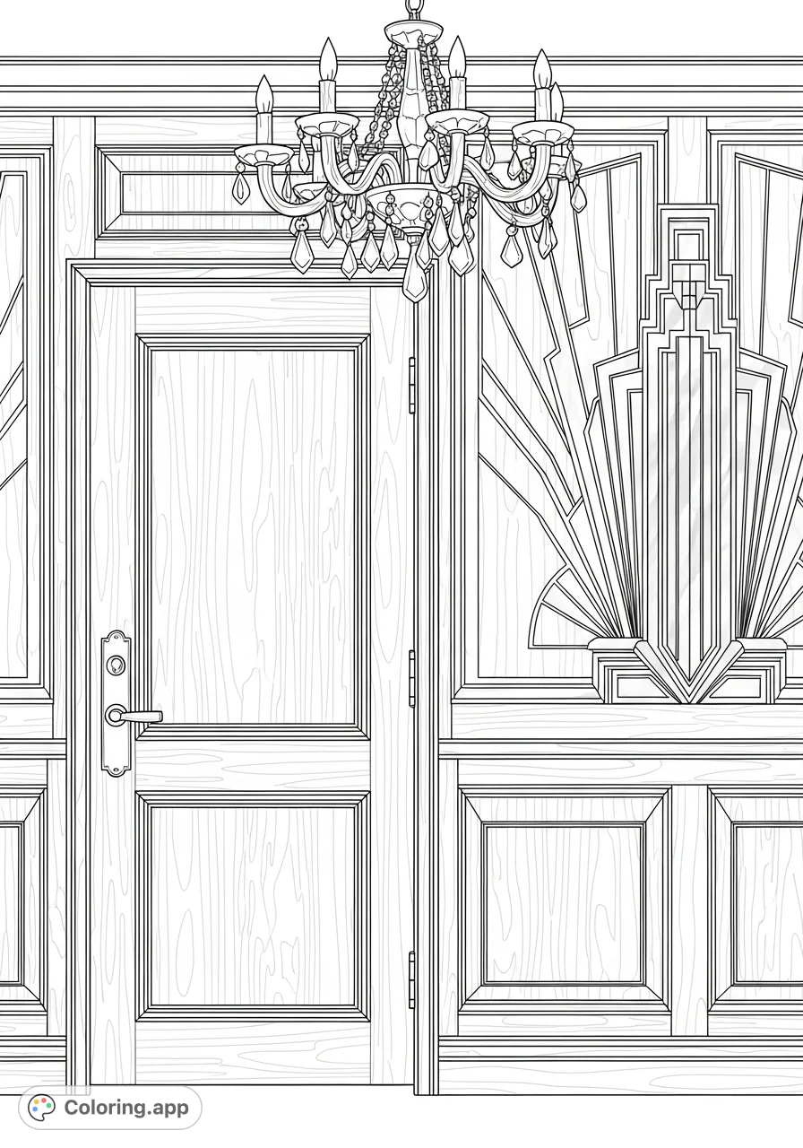 Explore a detailed Art Deco speakeasy door, with brass handles, rich wood paneling, and geometric patterns under vintage chandelier light.