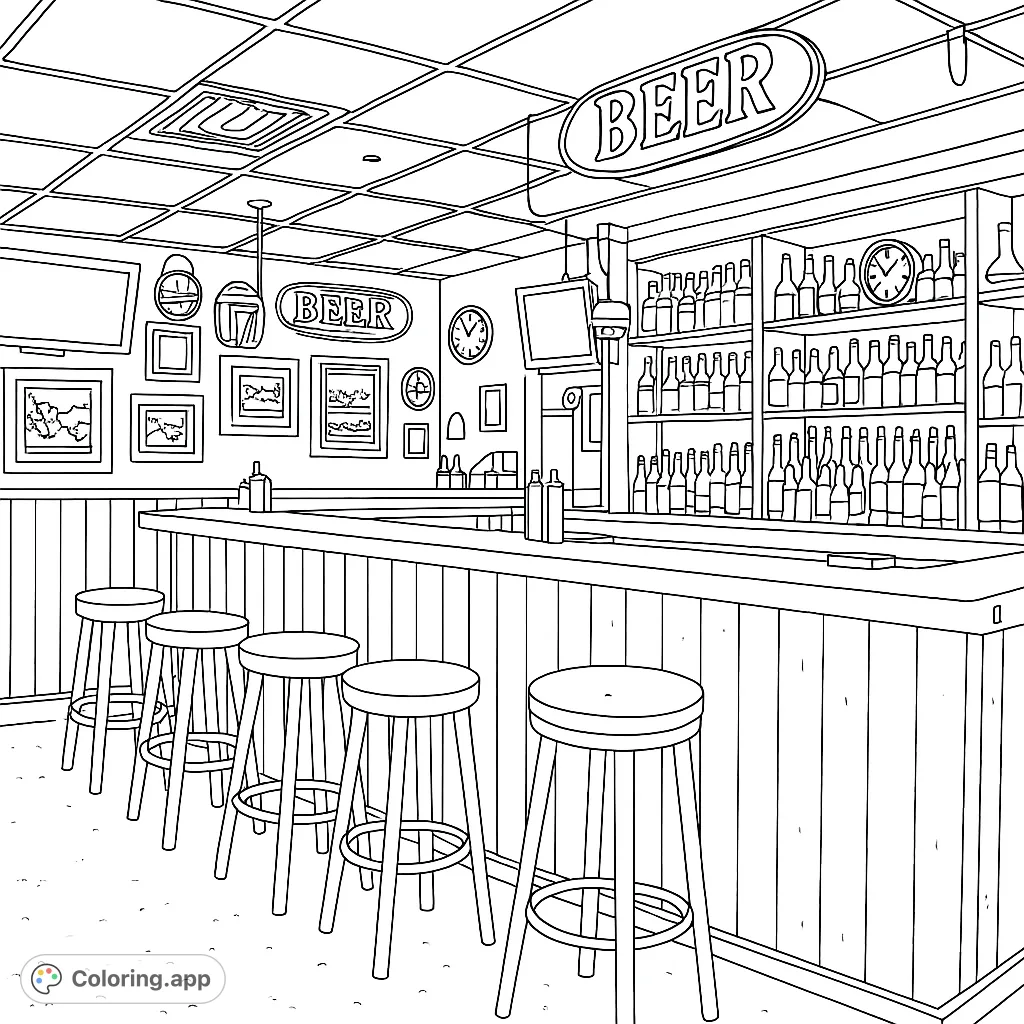 Explore a detailed bar interior coloring page, featuring stools, shelves of bottles, and intricate wall decor. Perfect for a relaxing coloring experience.