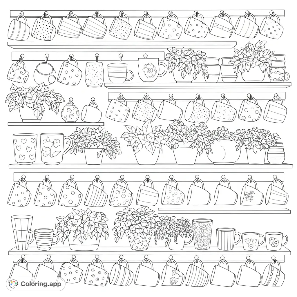 Explore a charming wall display of ceramic mugs and patterned cups, accented with leafy shelf plants. A delightful free printable coloring page.