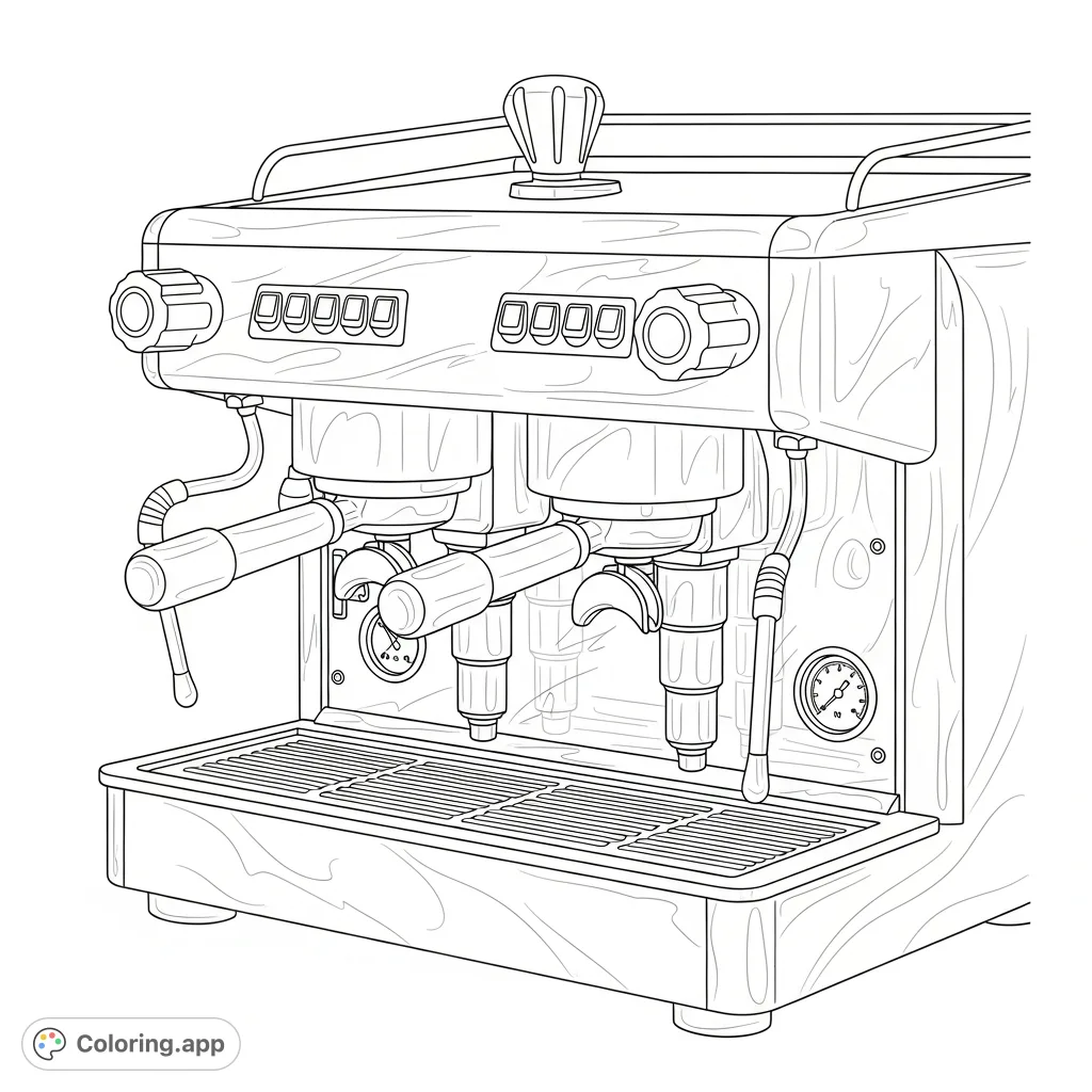 Detailed close-up of a sophisticated dual-group espresso machine with portafilters, steam wand, and reflective surfaces, perfect for coffee lovers.