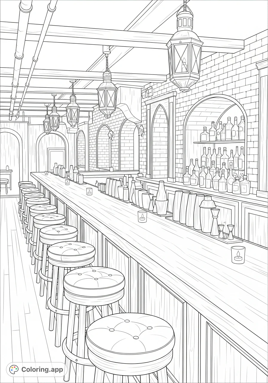 Step into the clandestine world of a 1930s prohibition bar. A long polished wooden bar, leather stools, and vintage lanterns await your creative touch.