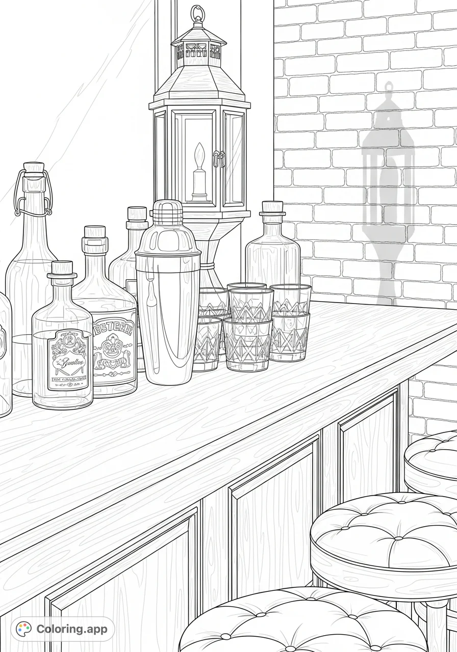 Step back in time with this detailed prohibition bar coloring page, featuring a polished wooden counter, antique bottles, and intricate shadows.