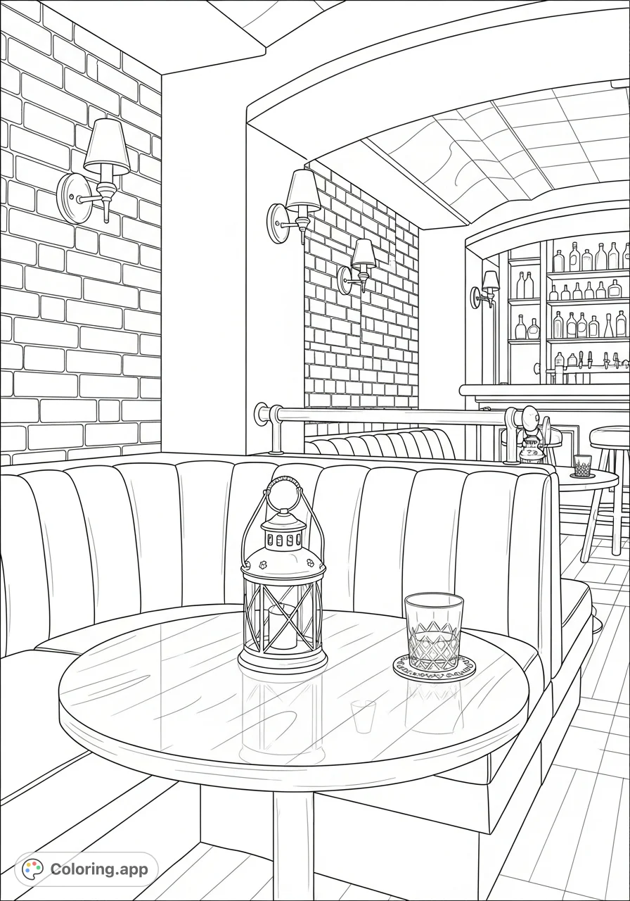 Step into the clandestine world of a 1930s prohibition speakeasy with this intricate coloring page. Features vintage decor, hidden details, and a secret atmosphere.