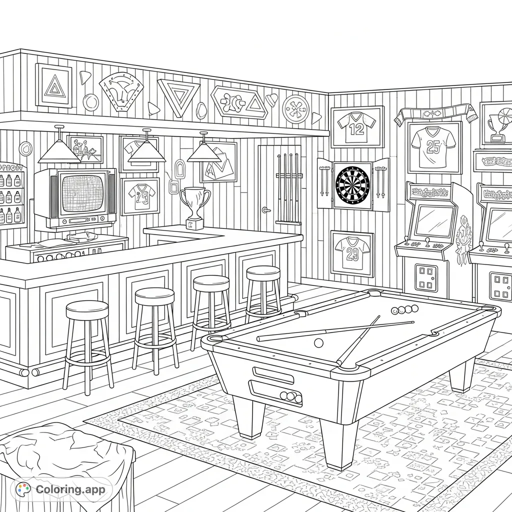 Step back in time with this 1980s basement sports bar coloring page. Features vintage arcade games, a pool table, neon signs, and classic sports memorabilia.