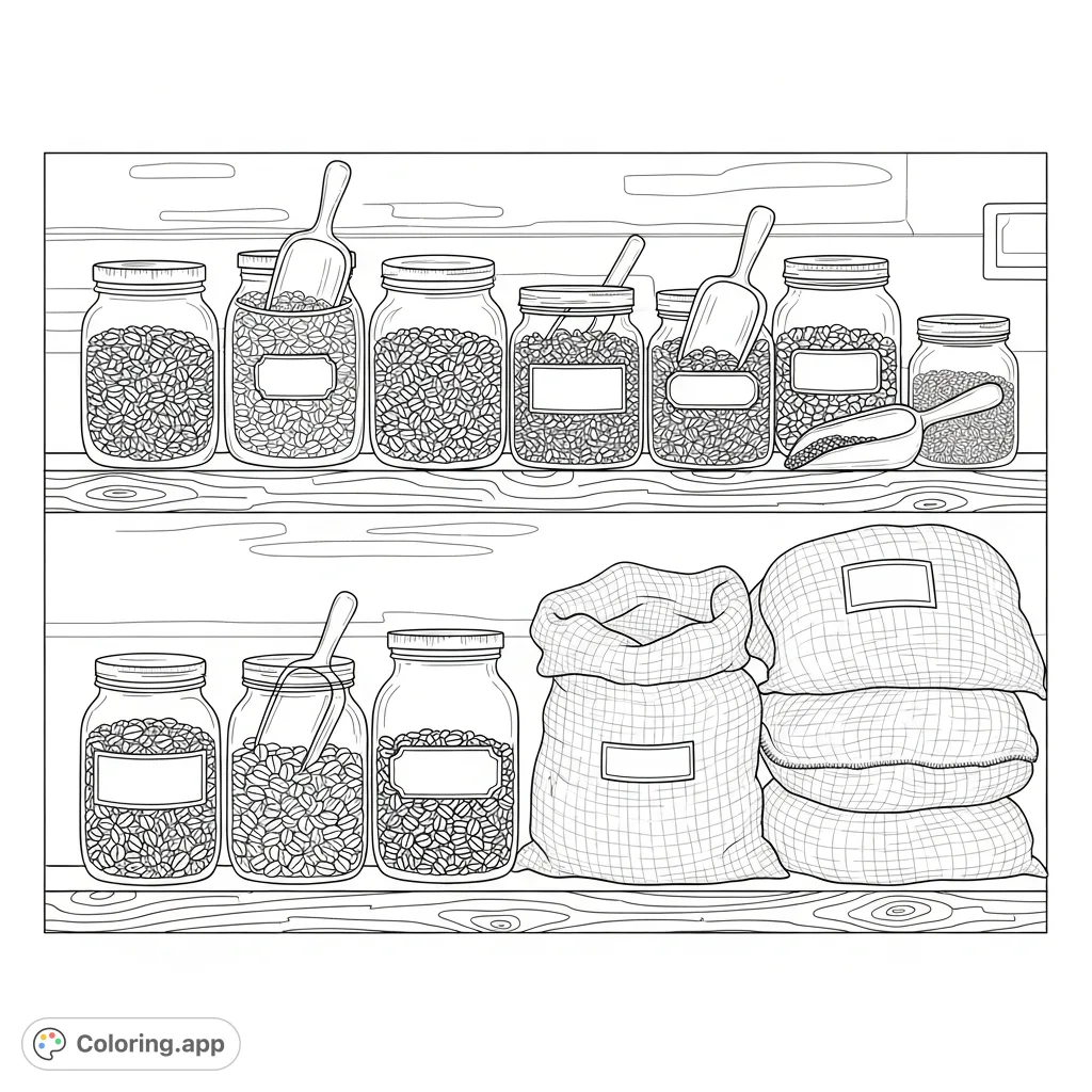 Explore a charming coffee bean storage shelf with glass jars, burlap bags, and scoops, perfect for coffee lovers to color and relax.