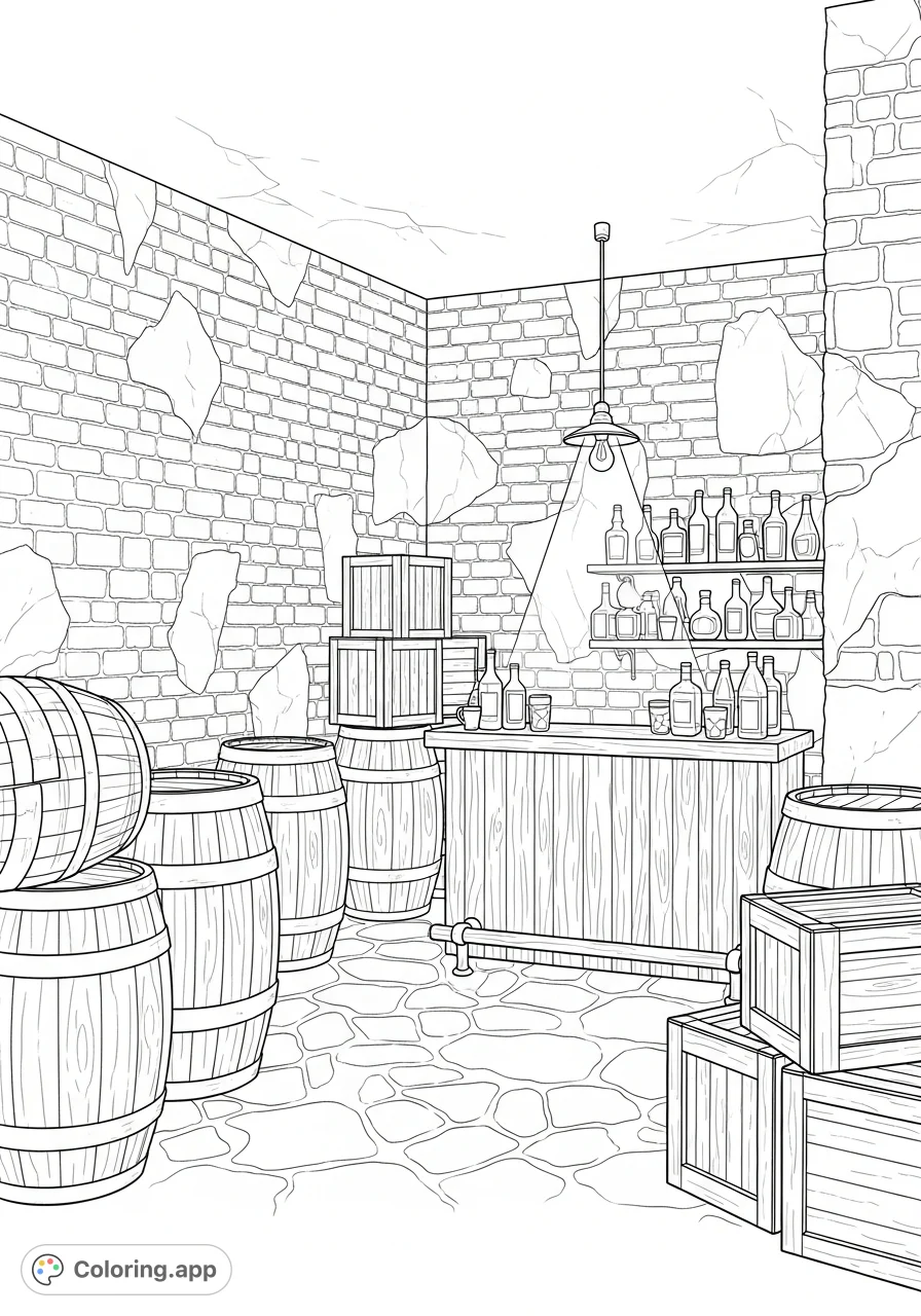 Step back in time to a clandestine 1930s basement bar. This intricate coloring page features brick walls, wooden barrels, and a rustic bar counter.