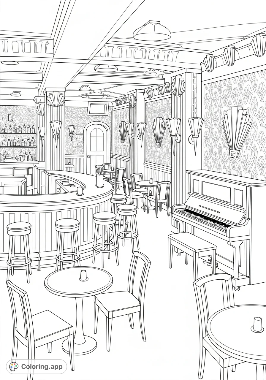 Step into the past with this detailed 1930s basement cocktail lounge coloring page, featuring patterned wallpaper, a curved bar, and art deco elements.