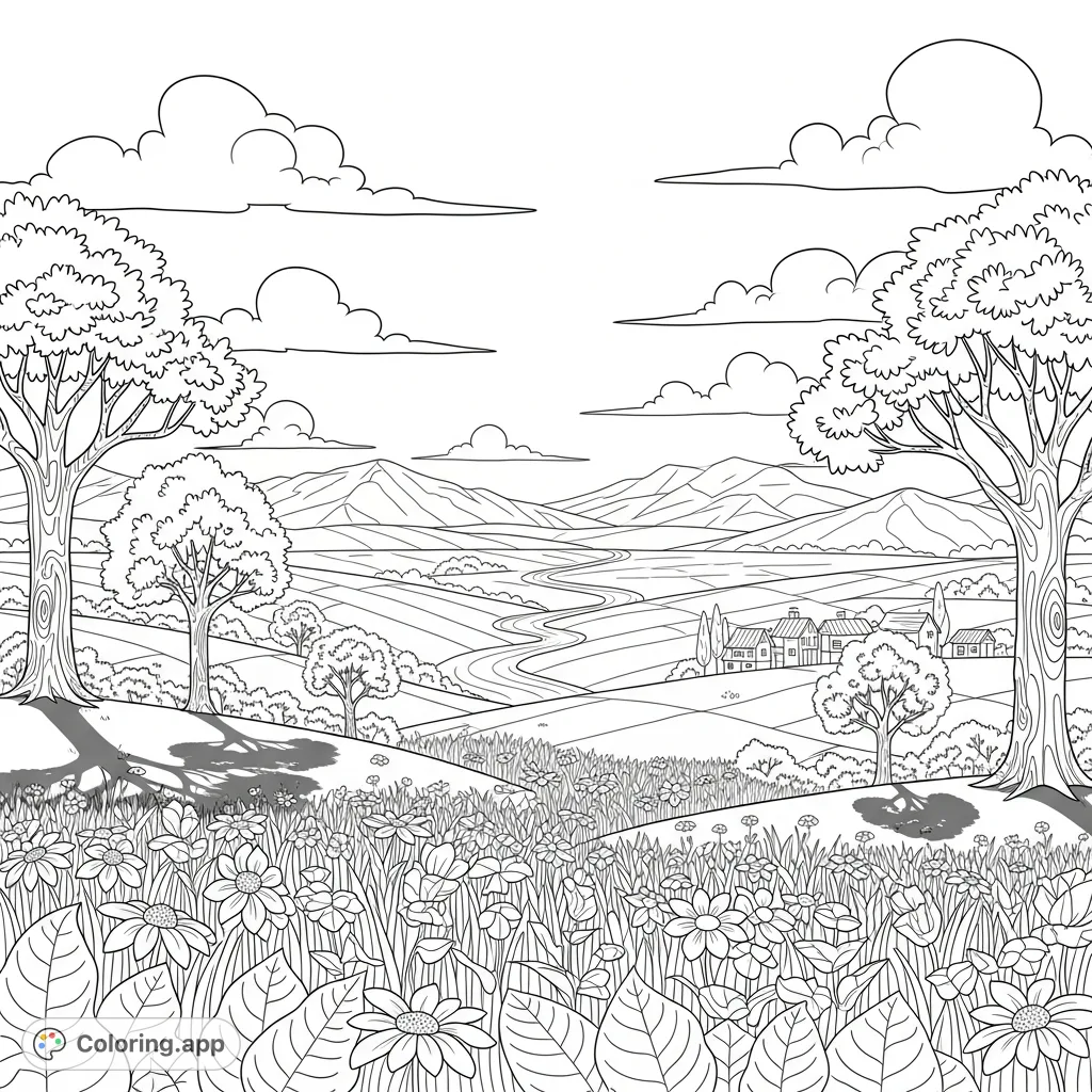 A serene landscape featuring majestic mountains, winding rivers, fields of wildflowers, and graceful trees, celebrating the beauty of creation. Perfect for all ages.
