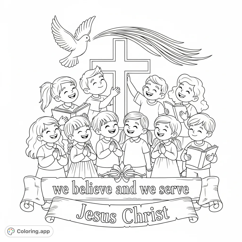 A heartwarming Jesus Christ coloring page featuring joyful children, a cross, a dove, and the empowering phrase "we believe and we serve Jesus Christ".
