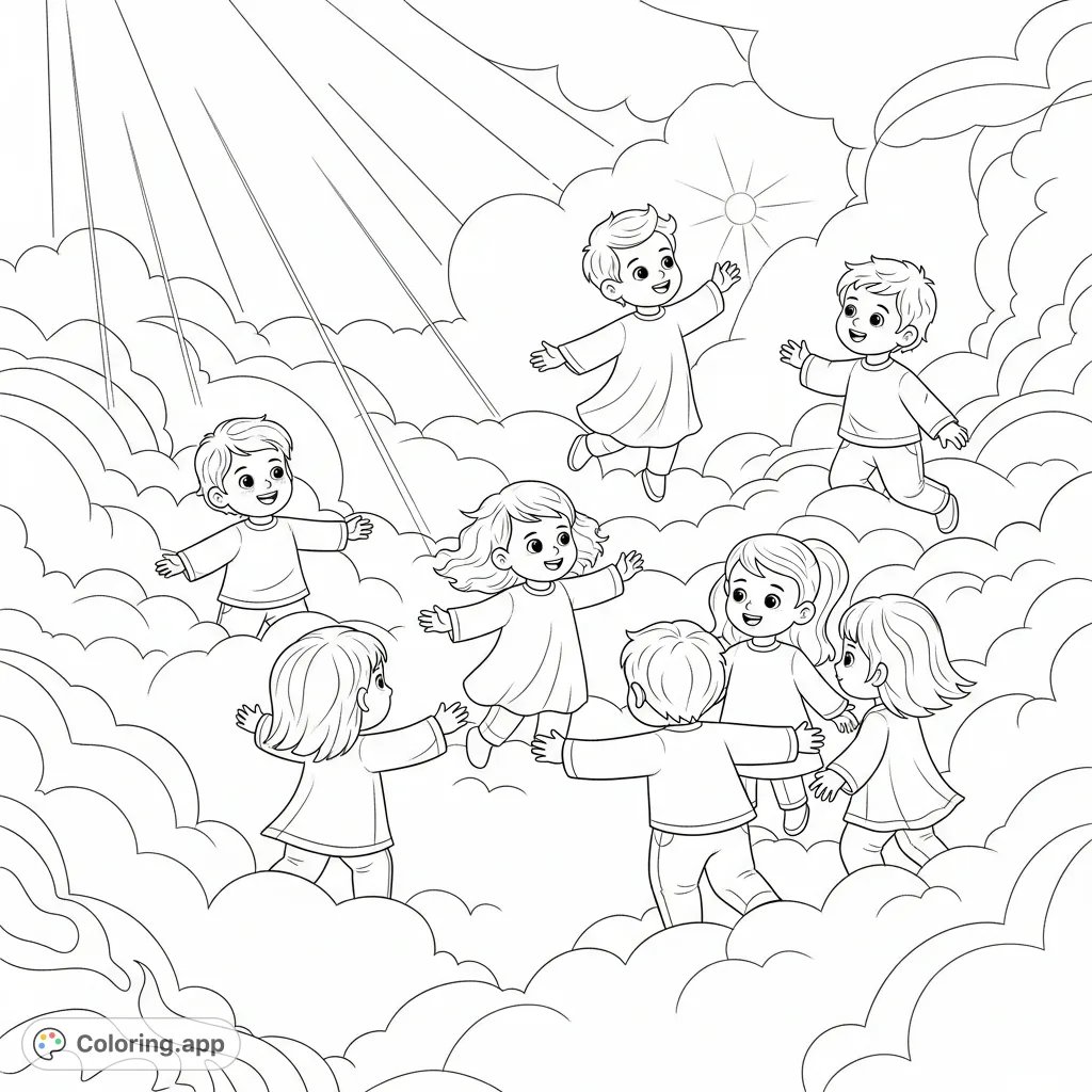 A serene kingdom of heaven coloring page featuring joyful children amidst soft clouds and luminous light, perfect for peaceful reflection and spiritual learning.