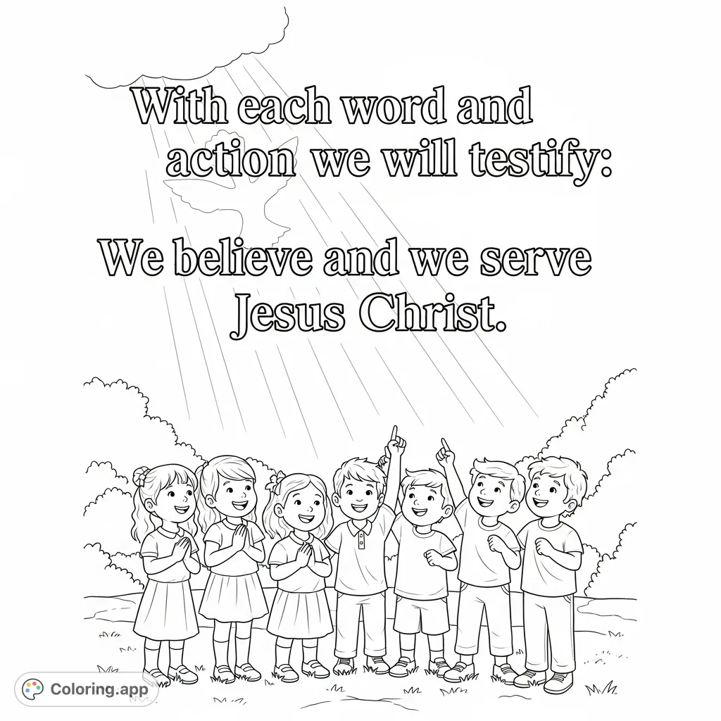 Inspiring free printable coloring page featuring joyful children and the powerful message: "We believe and we serve Jesus Christ". Perfect for faith-based learning!