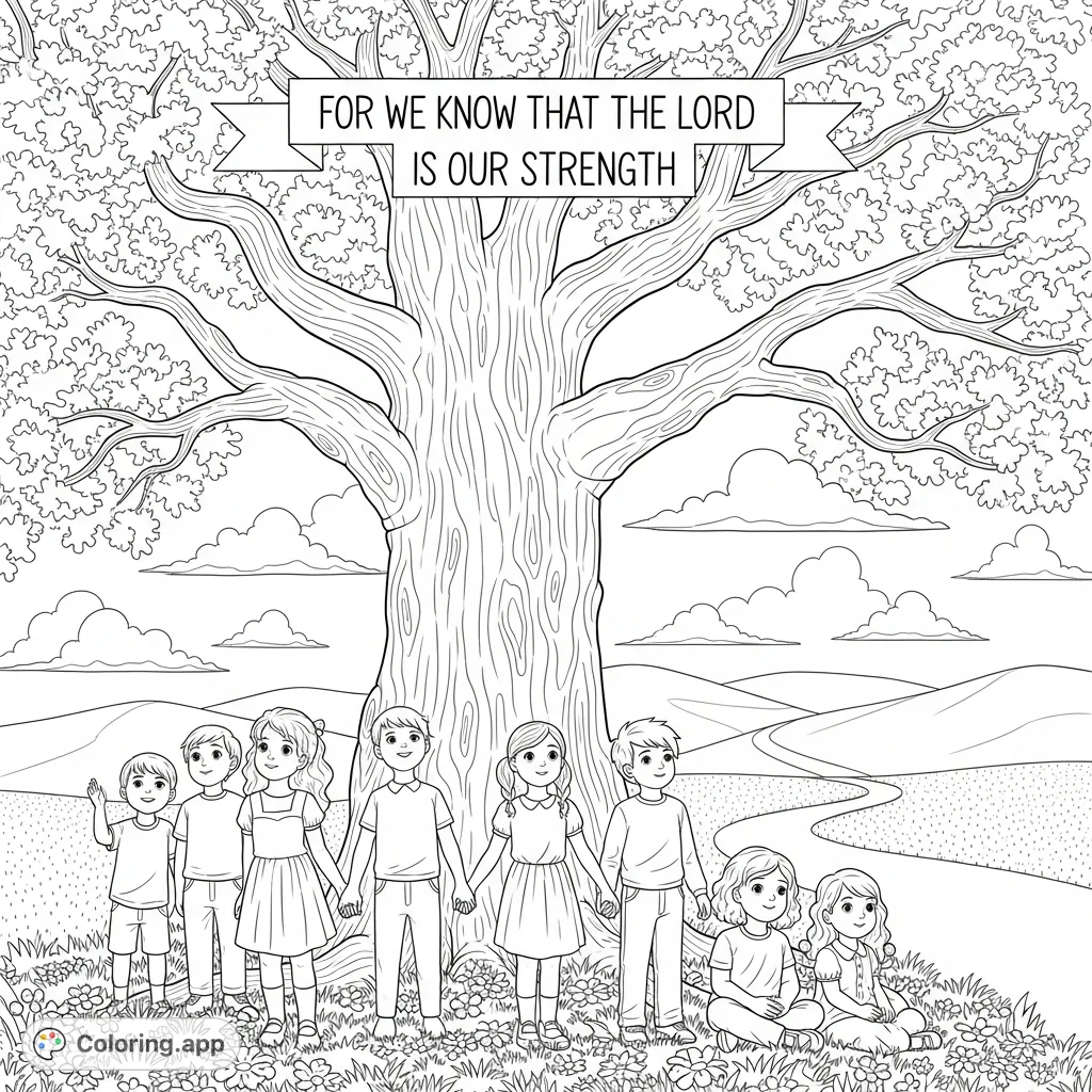 An uplifting children's coloring page featuring kids, a mighty oak, and a message of strength. Perfect for inspiring young hearts with faith.