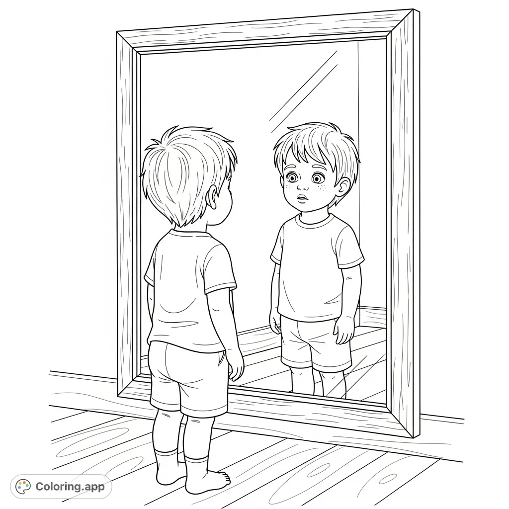 A charming scene of a young child observing their own reflection in a wall mirror. Perfect for exploring self-discovery and imagination in a delightful setting.