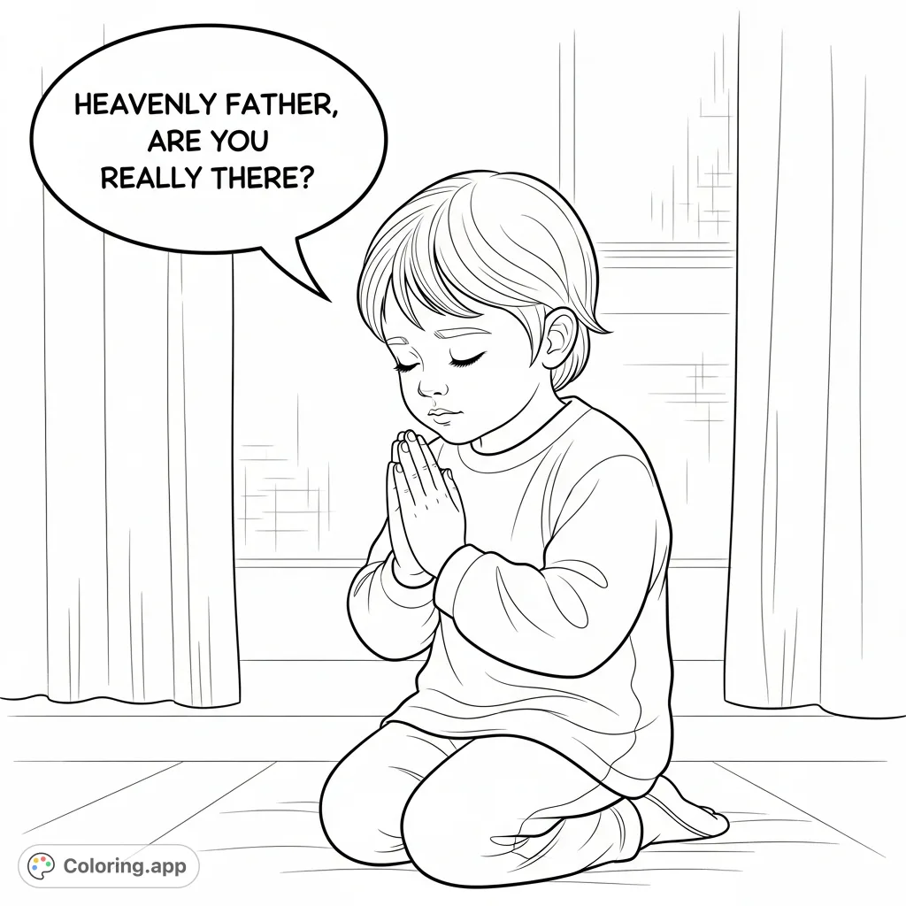 A tender image of a child praying with a hopeful heart, asking "Heavenly Father, are you really there?". A peaceful scene for reflection and faith.