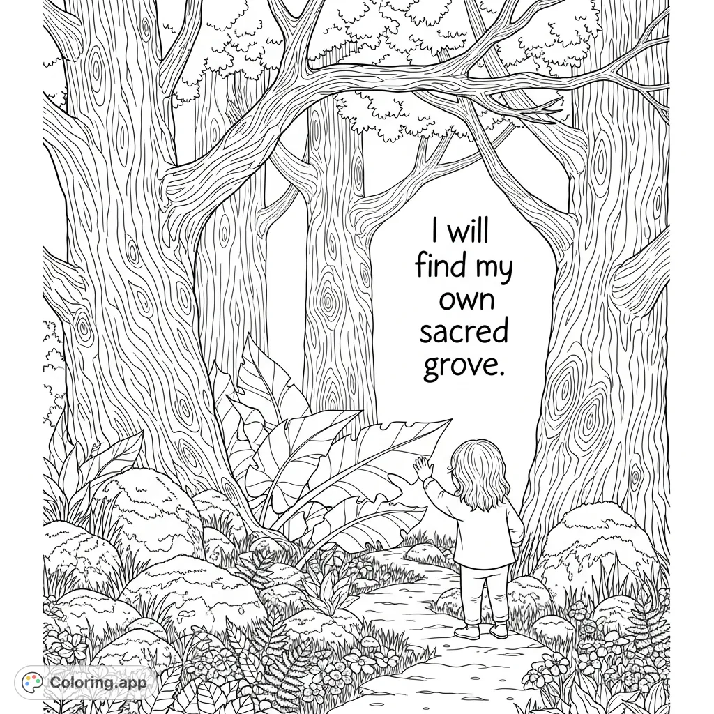 A curious child embarks on a quest to discover their own sacred grove, a beautiful forest scene featuring ancient trees, lush plants, and an inspiring quote.