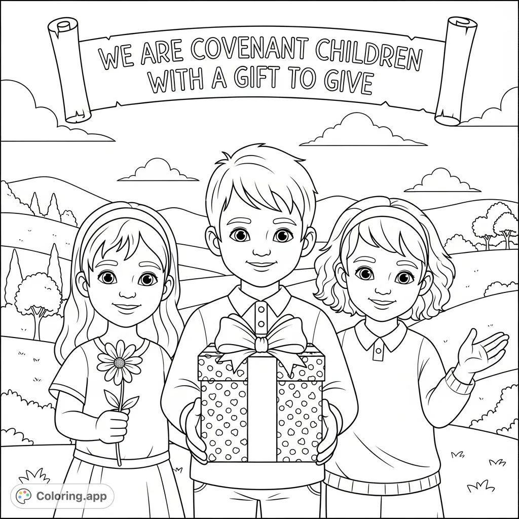 A heartwarming coloring page featuring diverse children holding a gift, a flower, and offering a welcoming hand, with an uplifting message.