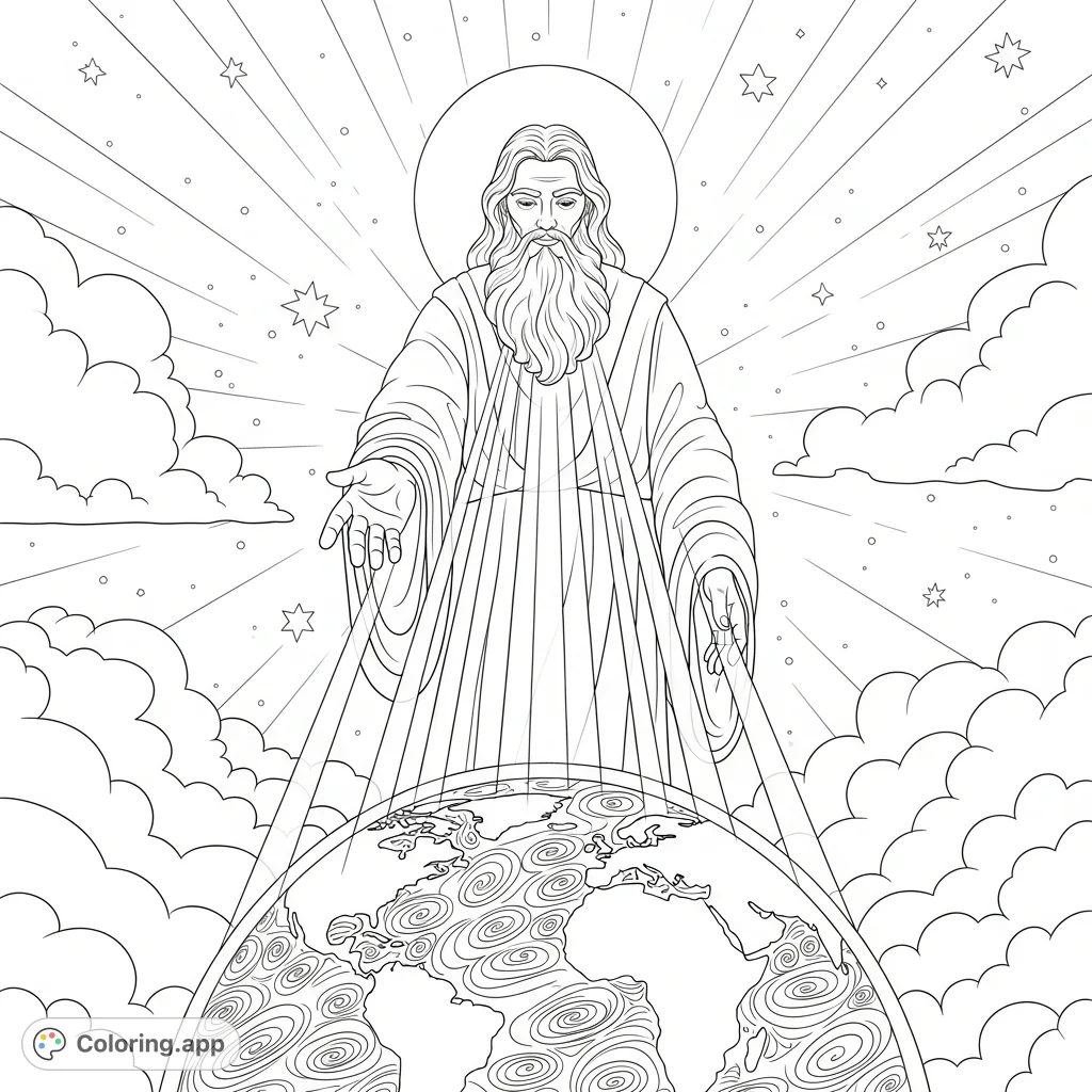 An awe-inspiring scene of a benevolent celestial figure bestowing wisdom upon the serene Earth, ideal for a reflective spiritual coloring page.