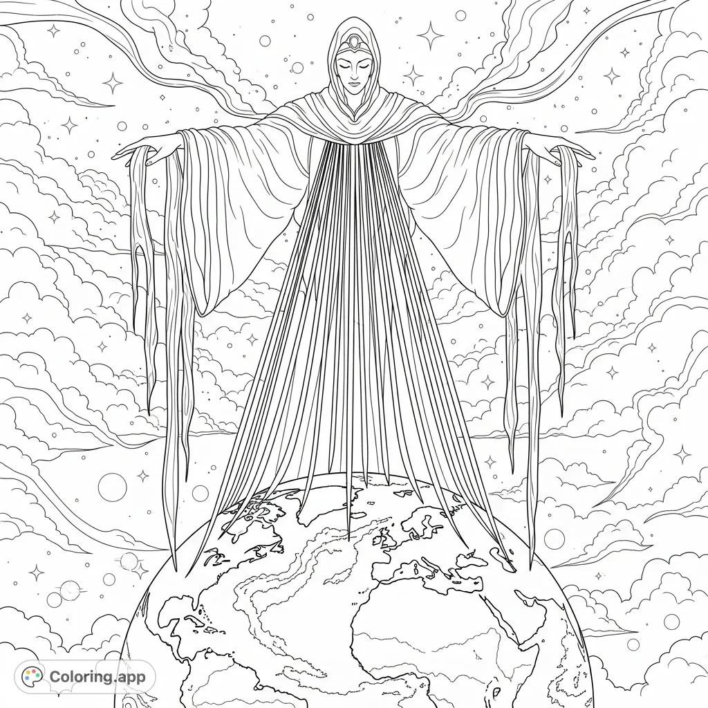 A majestic celestial figure sends a powerful, symbolic message to a detailed Earth, filled with profound meaning and intricate elements for a contemplative coloring experience.