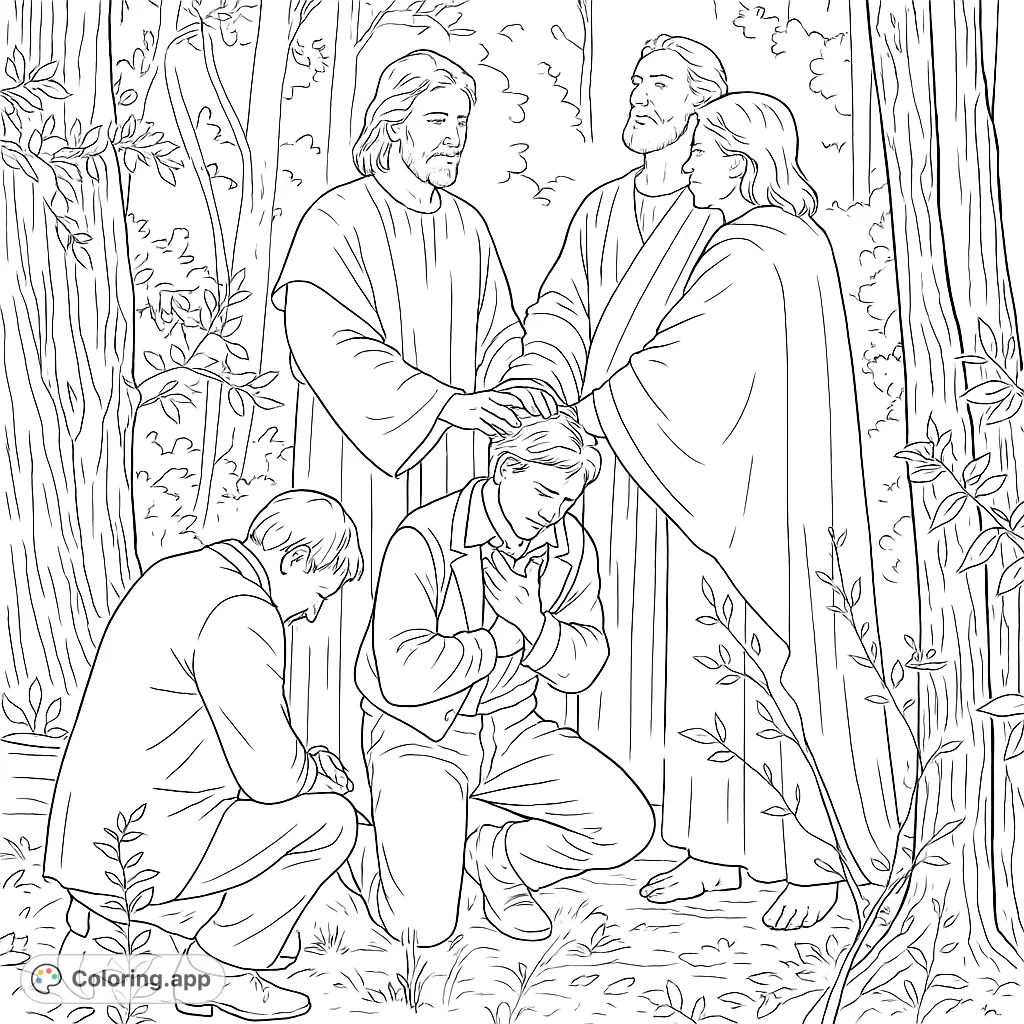 Discover a profound moment of spiritual significance with this detailed depiction of divine ordination in a tranquil grove, perfect for reflection.