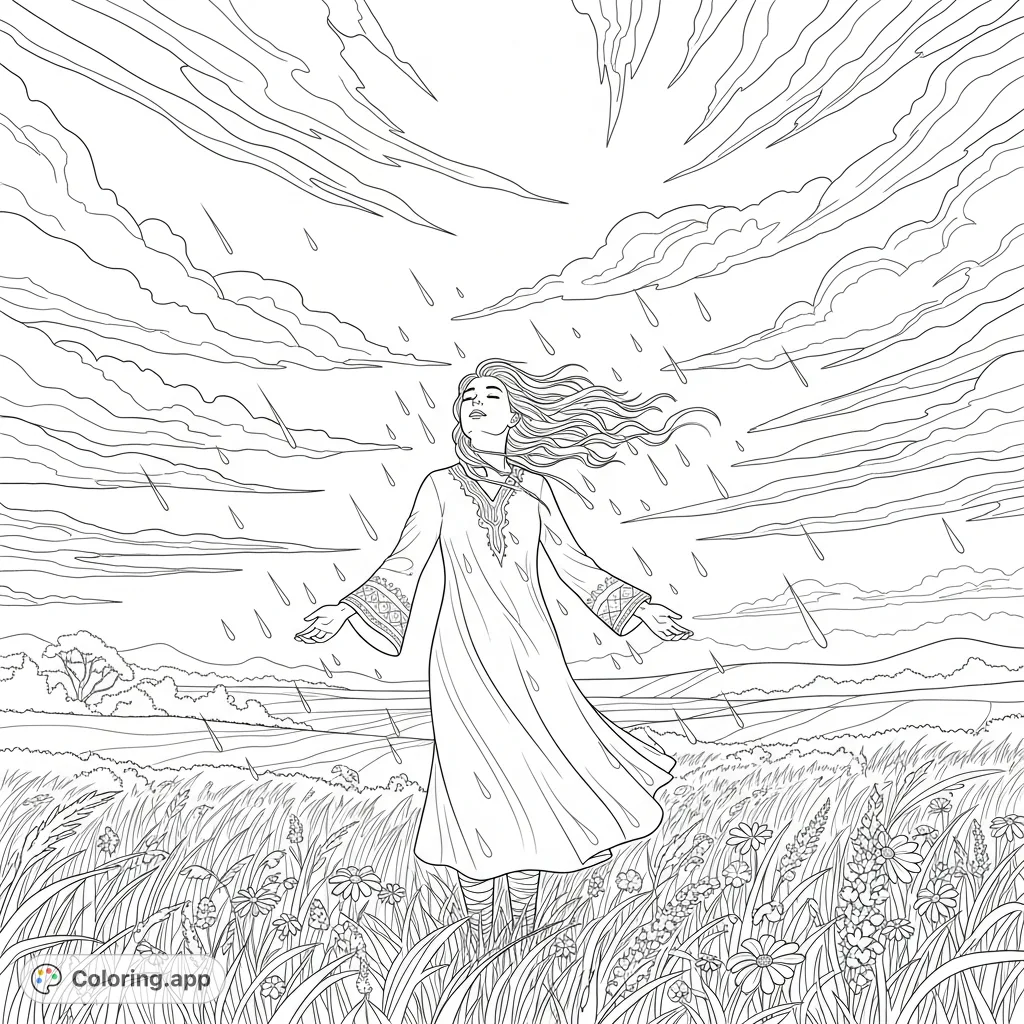 Experience the serene beauty of nature with this tranquil figure embracing refreshing rain and gentle wind in a peaceful landscape. A perfect nature coloring page for relaxation.