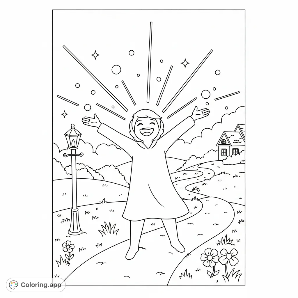A cheerful figure radiates light on a journey through diverse landscapes, a free printable coloring page perfect for all who want to let their inner light shine.