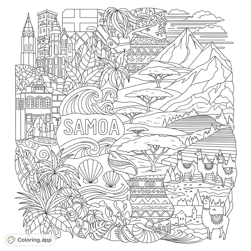 Embark on a captivating global journey coloring page featuring iconic elements from Sweden, Samoa, Kenya, and Peru. Explore diverse cultures.
