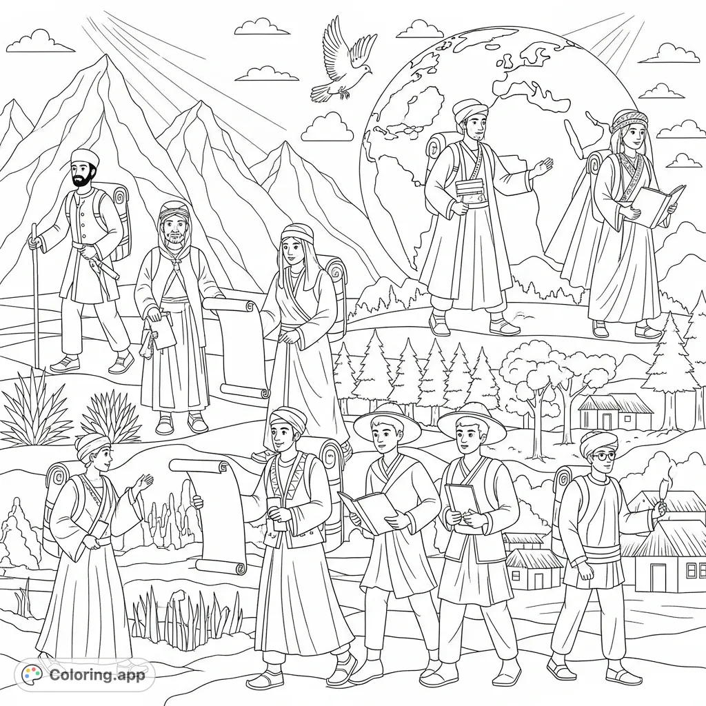 Embark on an inspiring global pioneer journey coloring page. Discover diverse figures spreading a message across mountains, deserts, and forests.