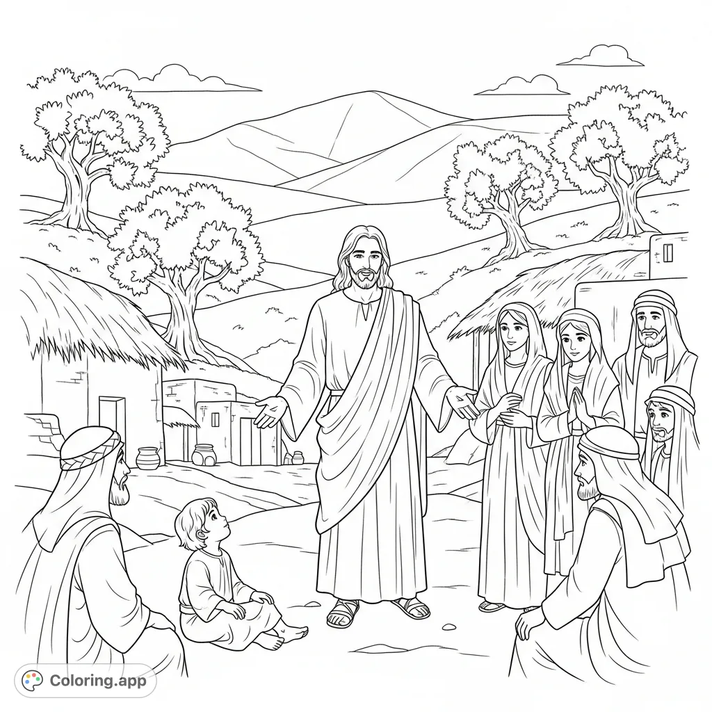 A comforting Jesus helped them coloring page depicting Jesus with a gentle expression, extending a hand to a small group, including a child. A serene scene.