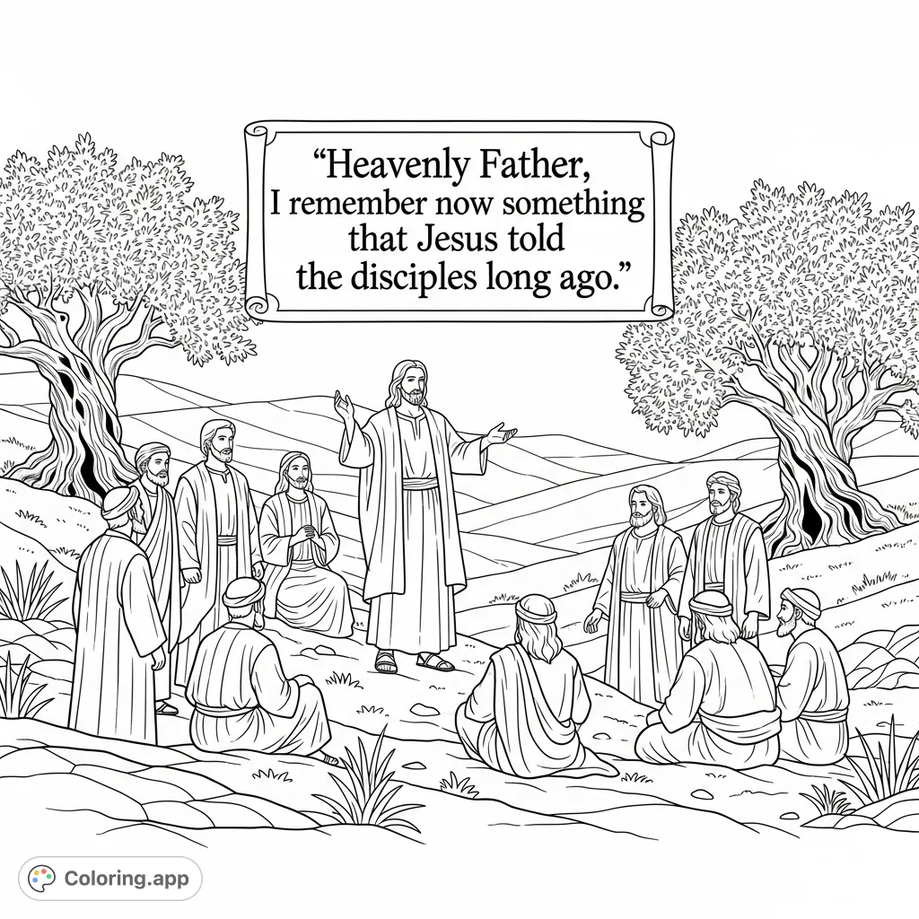 A serene biblical scene of Jesus teaching his disciples, featuring an inspiring quote. Perfect for reflective coloring and spiritual engagement.
