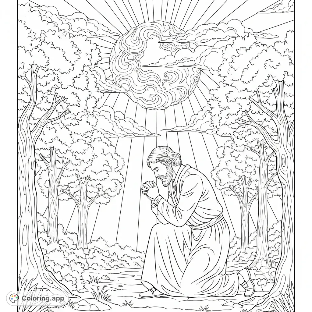 Witness Joseph Smith in a woodland grove as the heavens open with a powerful, radiant light. A spiritual and reflective coloring page.